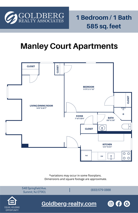 Floor plan for 1 bed, 1 bath, 585 sqft